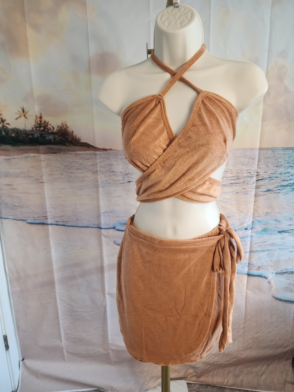 WinWin Wrap-Style Tan Beach Skirt And Top Two Pieve Set NWOT
